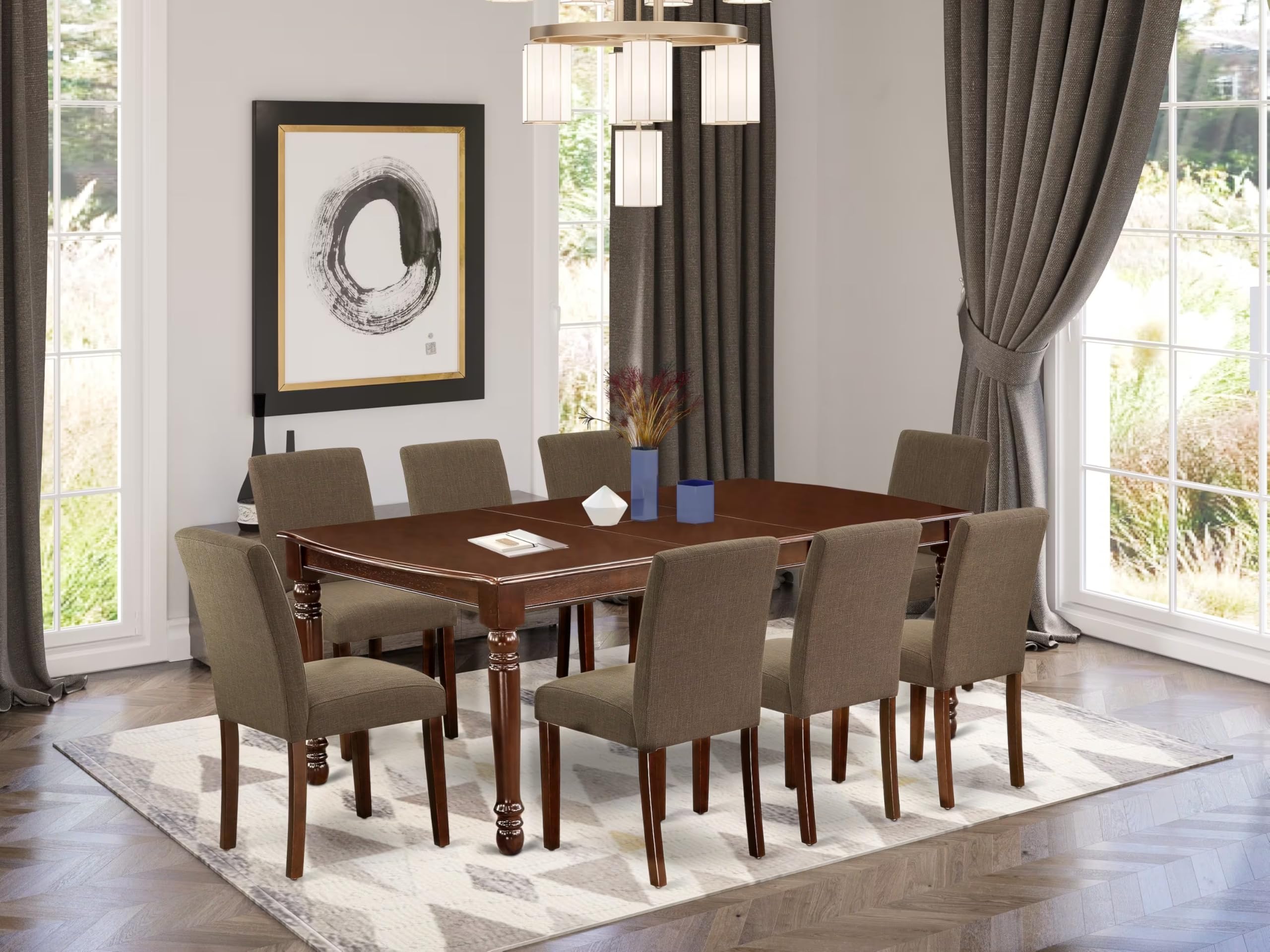 East West Furniture Doab9-Mah-18 9 Piece Dining Table Set Includes A Rectangle Kitchen Table With Butterfly Leaf And 8 Coffee Linen Fabric Upholstered Chairs, 42X78 Inch, Mahogany